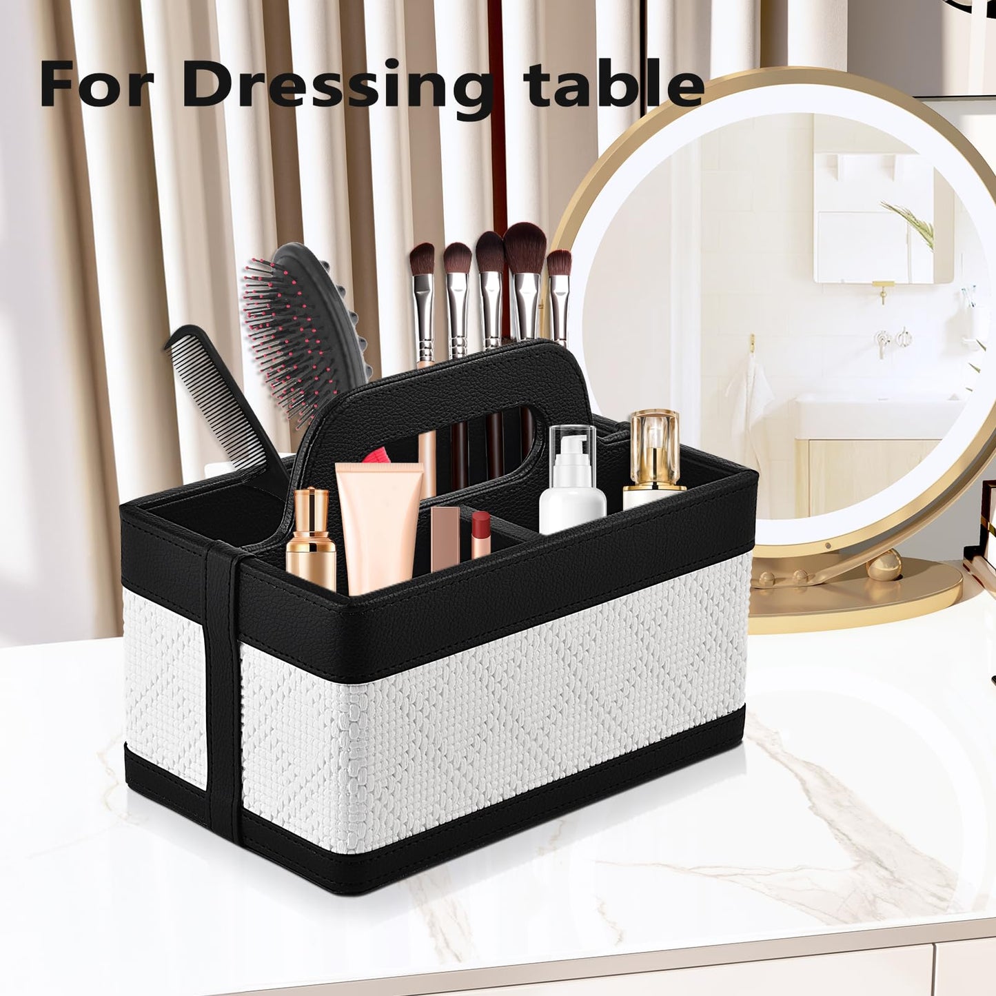 RHCSZ Desk Organizer Caddy with Handle-Portable PU Leather Remote Control Holder-Nightstand Dresser Tote Storage for Sunglasses,Comb,Small iPad,Pen,Heater Controllers,Cosmetics and Office Supplies