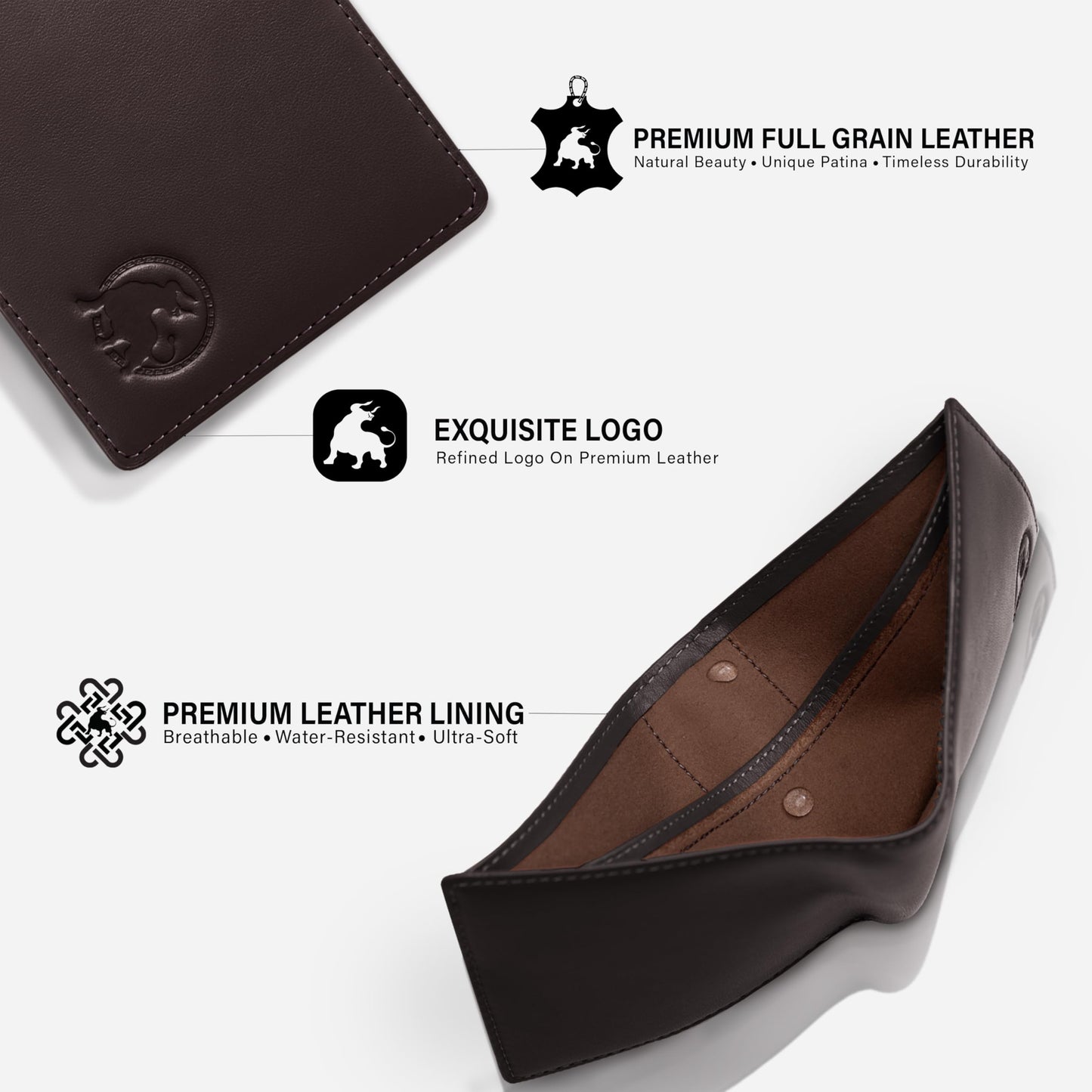 BULLTAILOR Full-Grain Leather Wallet for Men, Minimalist Slim Mens Bifold RFID Blocking Wallet with Cash Pocket, 8 Card Slots (Dark Brown)