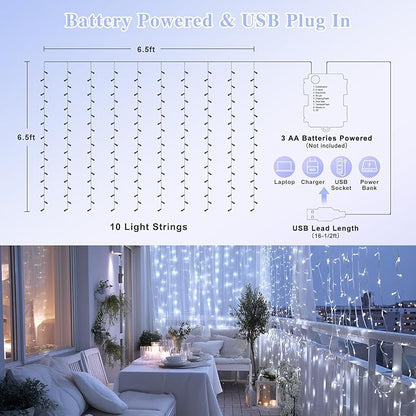 JMEXSUSS 200 LED Fairy Curtain Lights Battery Operated & USB Plug in - Remote Curtain String Lights for Bedroom with 8 Modes, Waterproof Window Lights Outdoor for Backdrop Wedding Party Decor, White