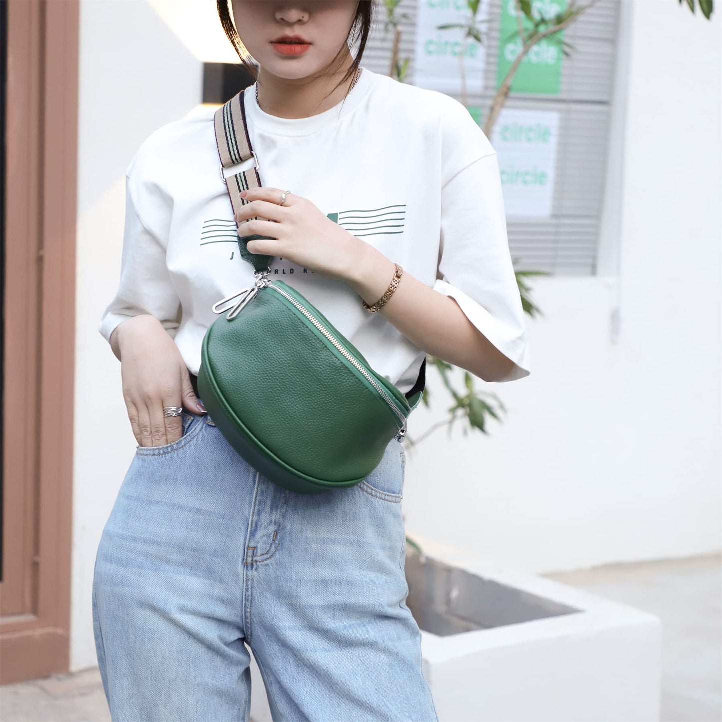 Fanny Pack Crossbody Bags For Women Genuine Leather Fashion Belt Bag Waist Purse (Green01)