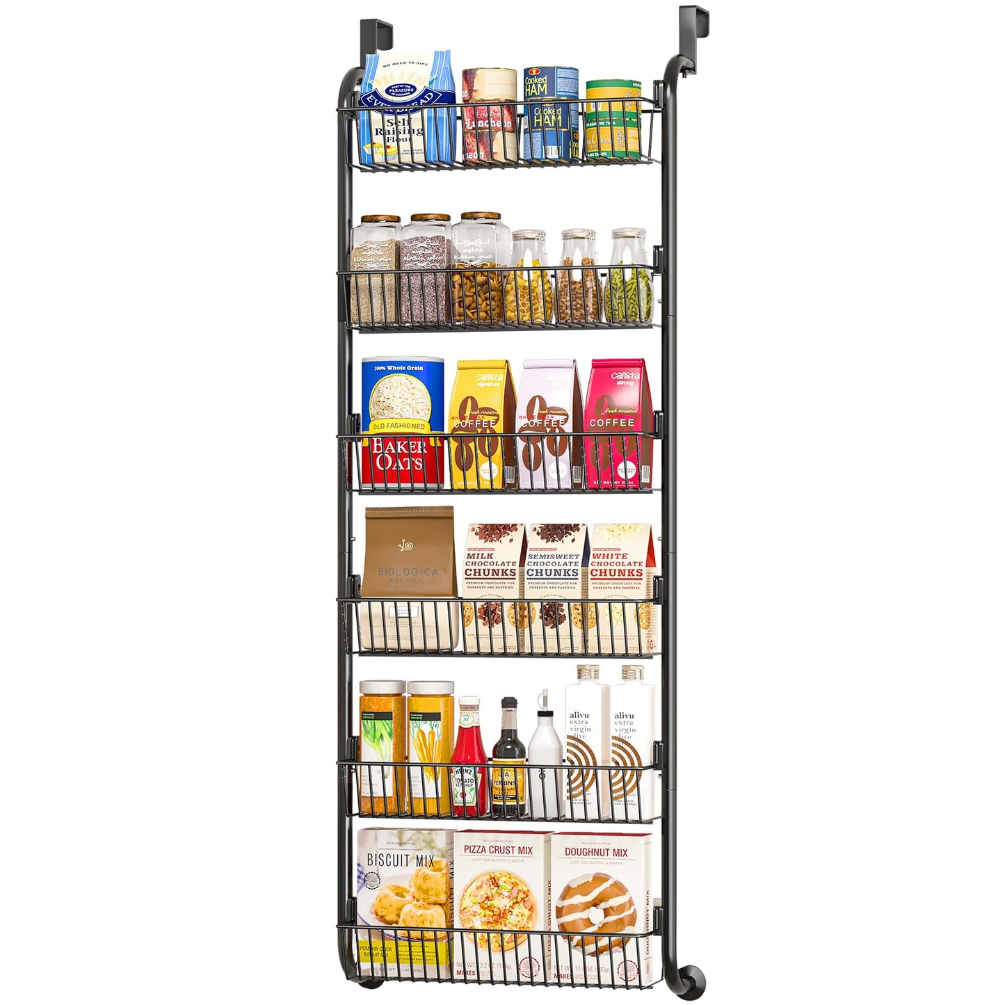 MIAOLI Over The Door Pantry Organizers and Storage, 6-Tier Spice Rack, Home & Kitchen Storage Shelves for Cabinet, Large Capacity Hanging Seasoning Organizer, Laundry Room Organization, Black