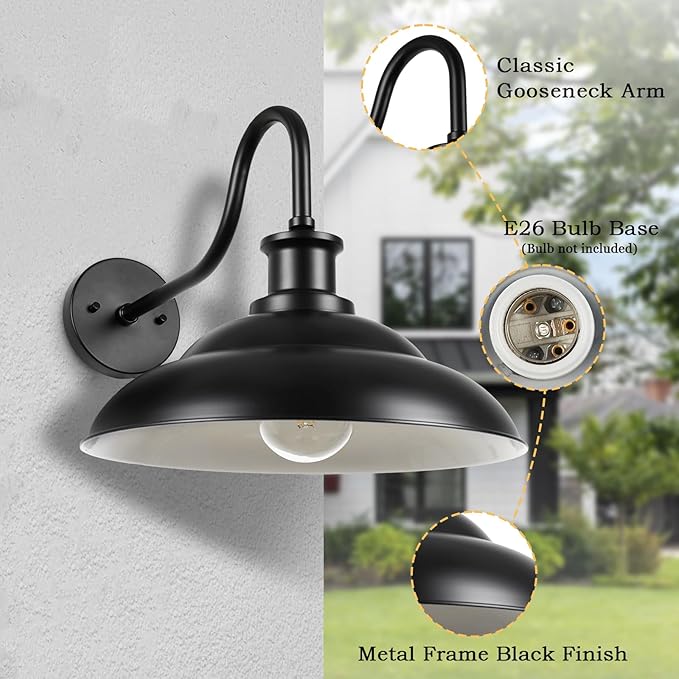 Outdoor Gooseneck Barn Lights, 16 Inch Farmhouse Exterior Wall Light, Industrial Wall Lantern for House Garage Patio Doorway, 2 Pack