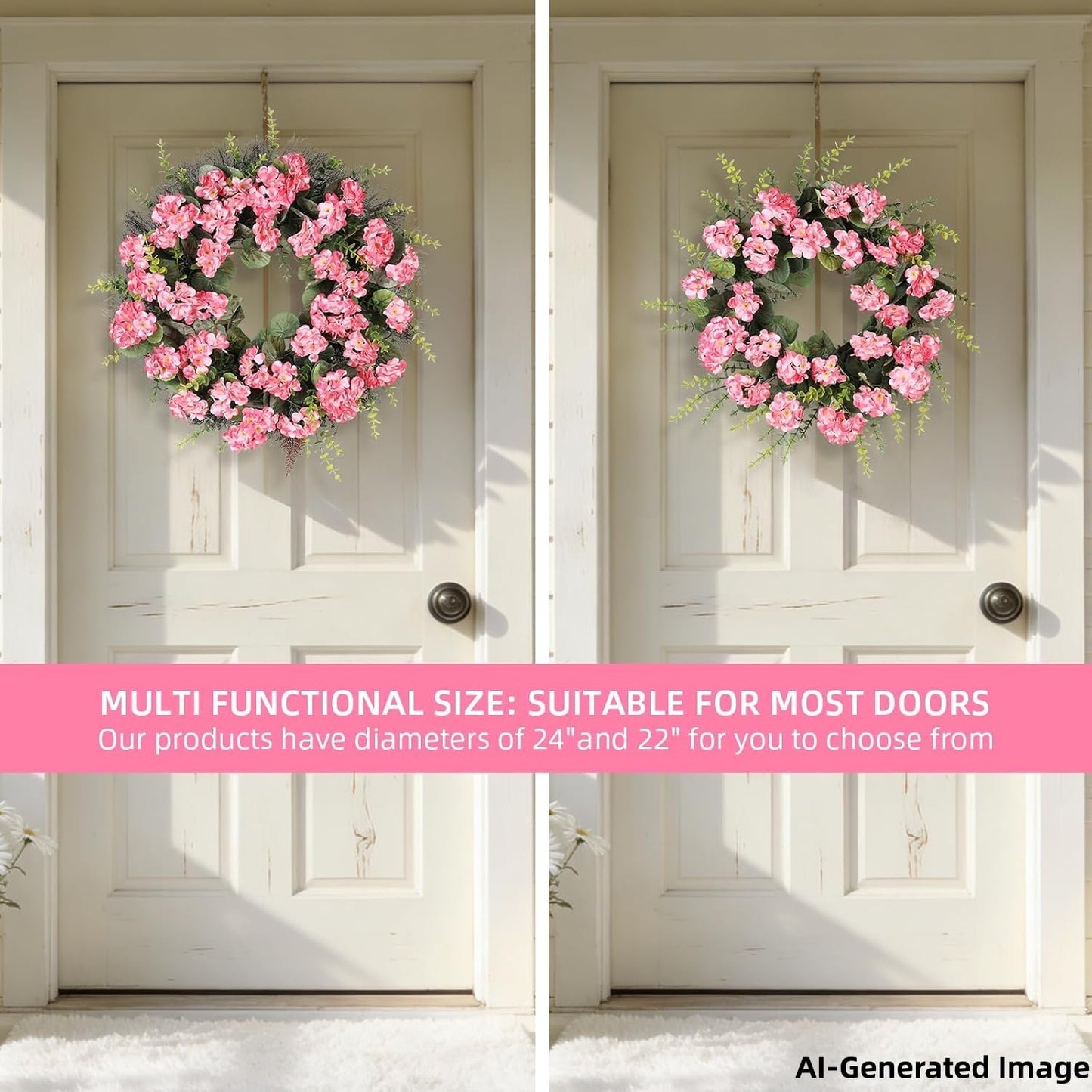 KuiMen Spring Summer Wreaths for Front Door 24 Inch Pink Artificial Geranium Wreath with Blessed Hanging Sign for Indoor and Outdoor Decor