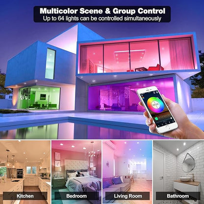 4" Smart Recessed Lighting 6 Pack, Dimmable, Multicolorred, 2700K~6500K, CRI80+, Color Changing Retrofit Bluetooth Mesh LED Ceiling Light, 4 Inch RGB Canless LED Downlight