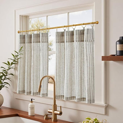jinchan Striped Linen Kitchen Curtains with Attached Valance 36 Inch Length Cafe Tier Curtains for Living Room Rustic Half Window Light Filtering Rod Pocket Small Drapes 2 Panels Taupe Grey