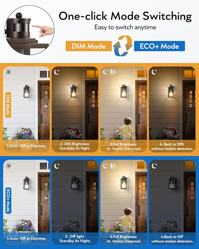 VIANIS 2 Pack Outdoor Wall Lantern, Motion Sensor Porch Light for Entryway, Oil Rubbed Bronze Dusk to Dawn Outdoor Garage Lighting Fixtures Wall Mount, Waterproof Exterior Front Door Sconce Lamps