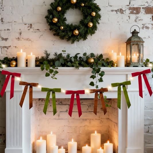 Christmas Velvet Bow Garland with Lights - 6.5FT Colorful Christmas Bows Hanging Garland, Velvet Bow Banner Pre-Lit Battery Operated Xmas Decor for Mantel Fireplace Staircase Home Party Decor