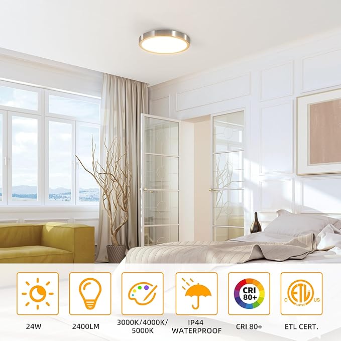 Hlite Brush Nickel 4pack 12 inch Flush Mount LED Ceiling Light Fixture, 24W 2400LM 3000K/4000K/5000K 3CCT Selectable Super Slim Light Fixtures Ceiling Mount for Kitchen, Bedroom