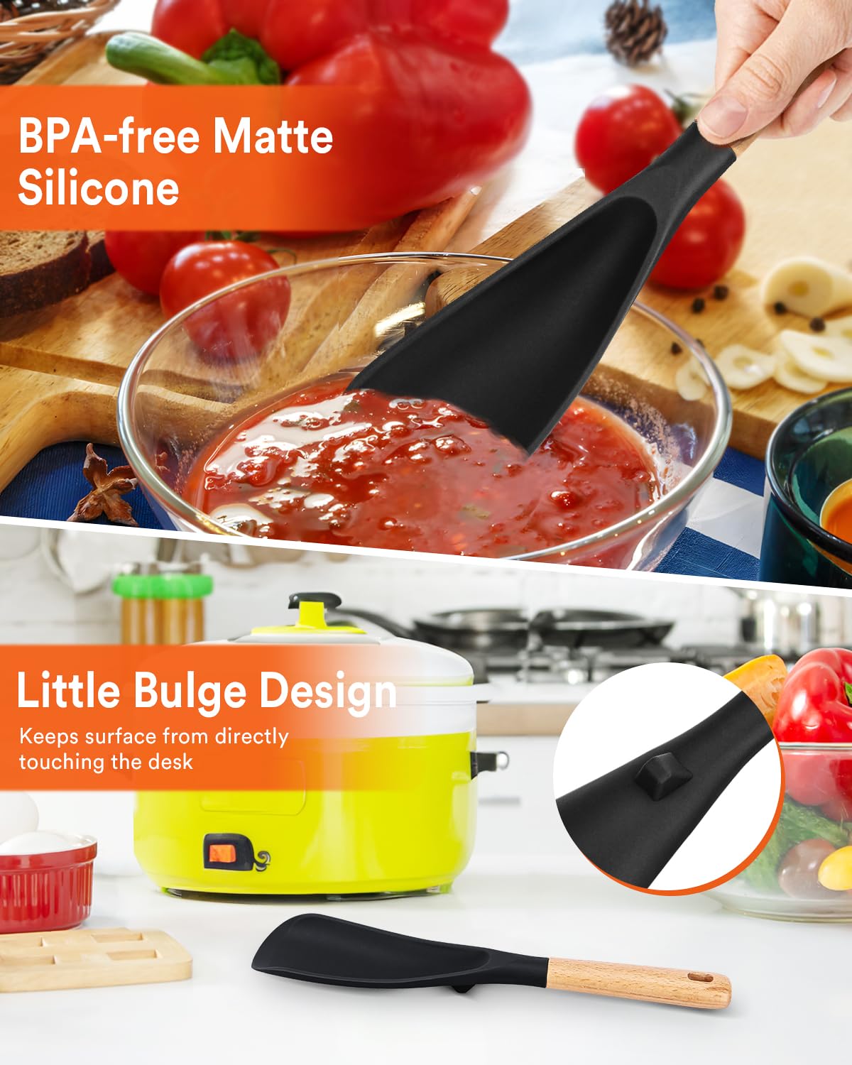 Cooking Spoon for Nonstick Cookwares, Great for Cooking and Serving Sturdy BPA-Free Matte Silicone, Wood Handle Spoon for Mixing, Scoop, and Scrape (Black)