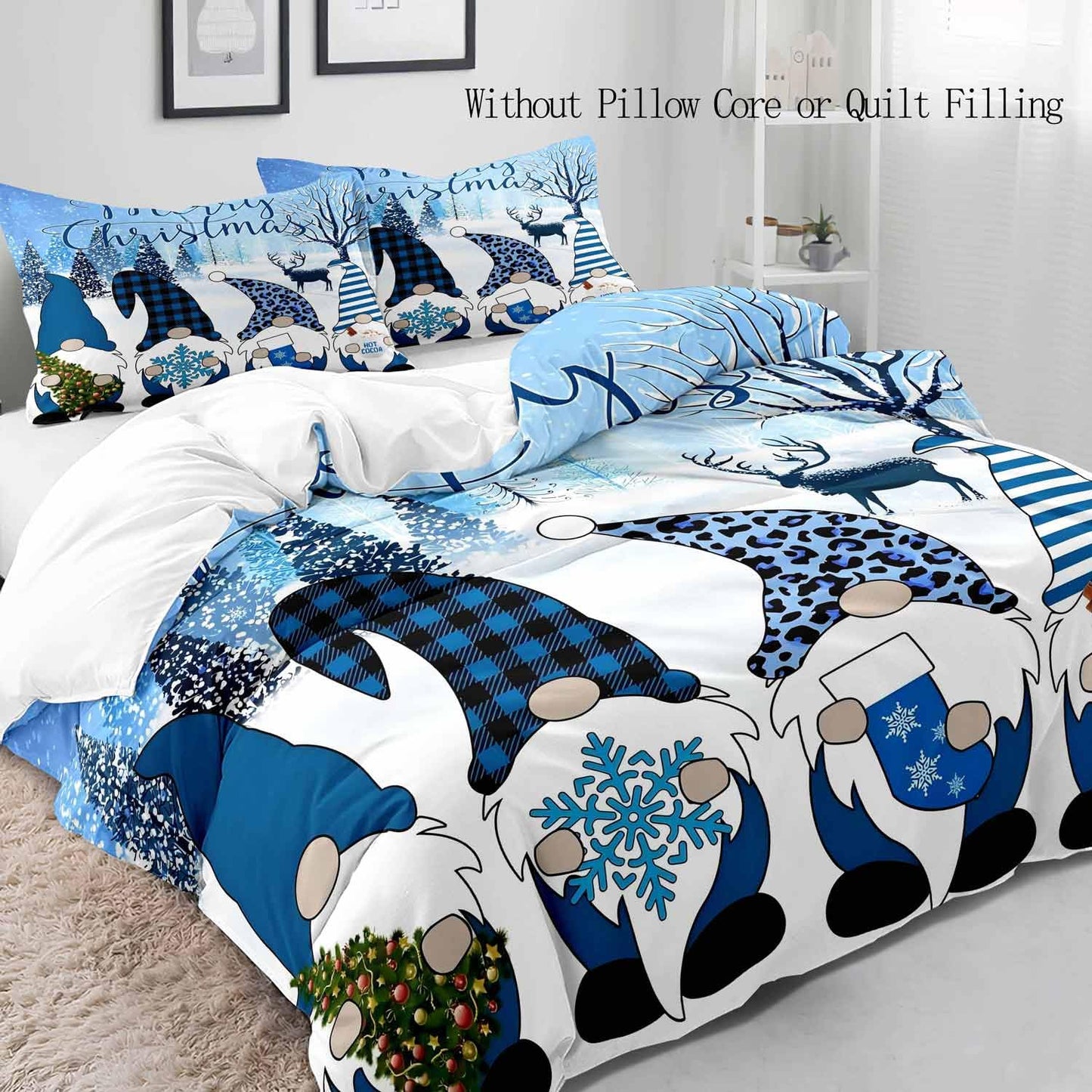 LUVIVIHOME 3PCS Christmas Gnome Duvet Cover Queen, Christmas Bedding Holiday Christmas Tree Snowflake Reindeer Tomte Elf Plaid Striped Leopard Print Blue Comforter Bedspread Quilt Cover 2 Pillow Cases