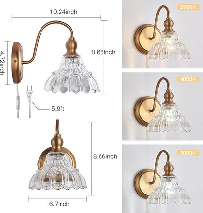 Plug in Vintage Wall Sconces Set of Two Brass Modern Wall Light Fixtures Antique Vanity Lights for Living Room Fireplace Bathroom Bedroom Coffee Room