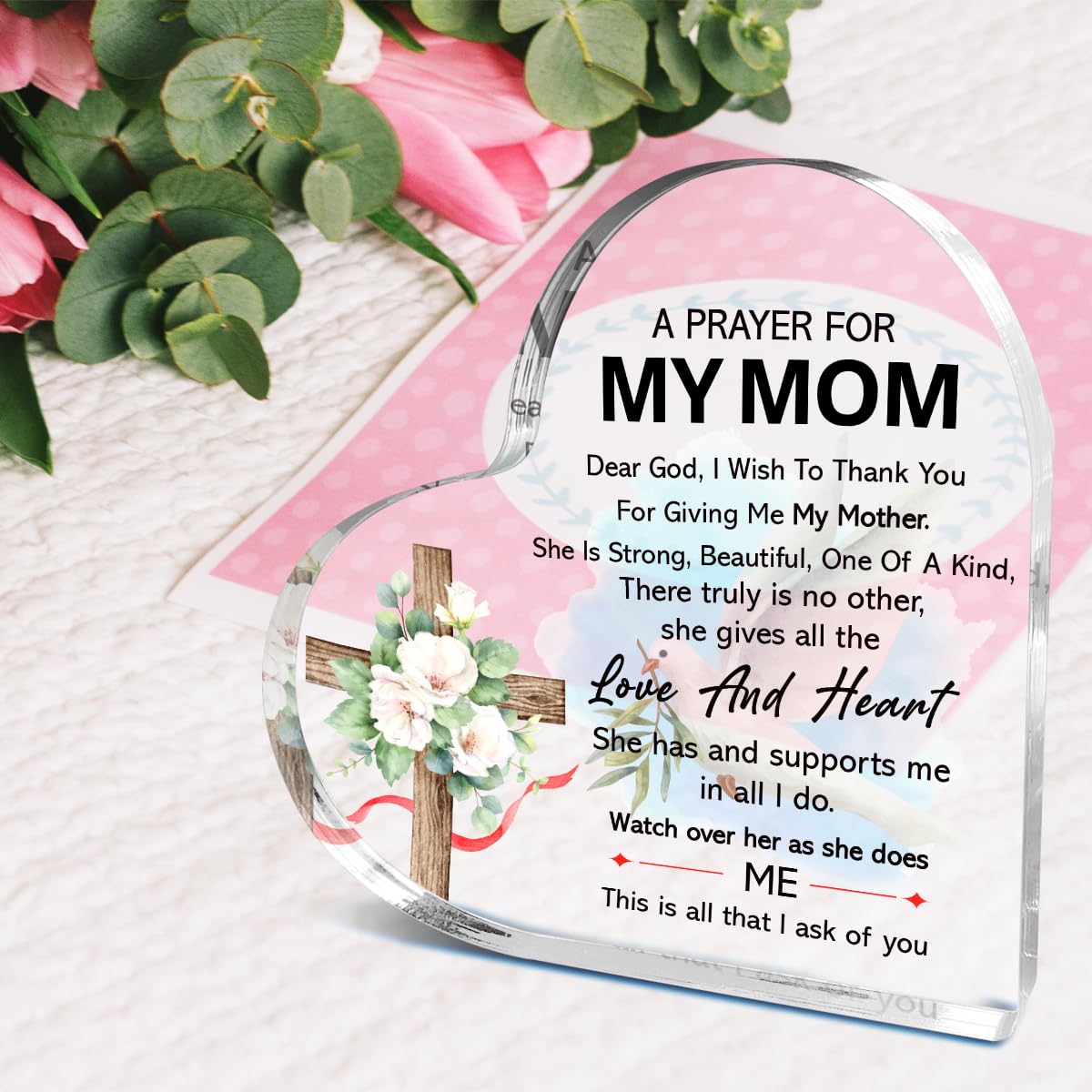 Pray Gifts for Mom,Church Plaque Gifts for Mom Thanksgiving Christmas Birthday,She Gives All The Love And Heart Sign Acrylic Plaque 4.5x4.5 Inches