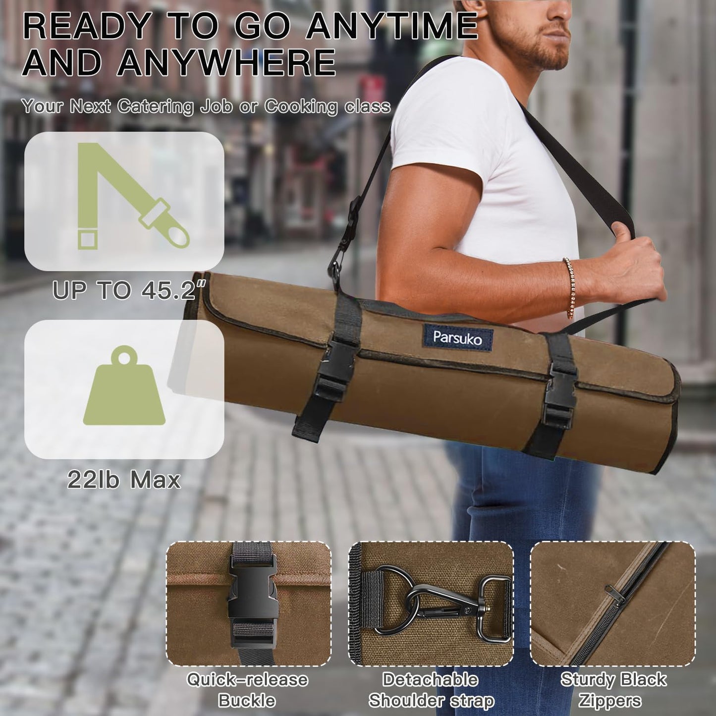Chef Knife Roll Bag,Waterproof Waxed Canvas Knife Case Holds,Knives Roll Bags for Chefs Professional with Adjustable Strap,Chef Backpack (Brown)