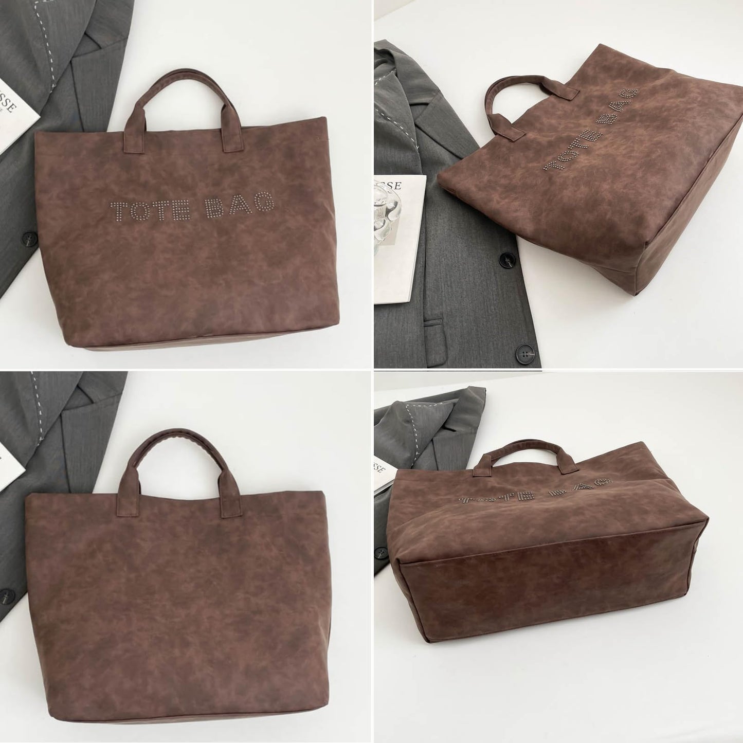 QCXBD Large Tote Bag for Women PU Leather Tote Purse for Work Travel Hobo Bag Vegan Leather Handbag (Coffee Brown_1)