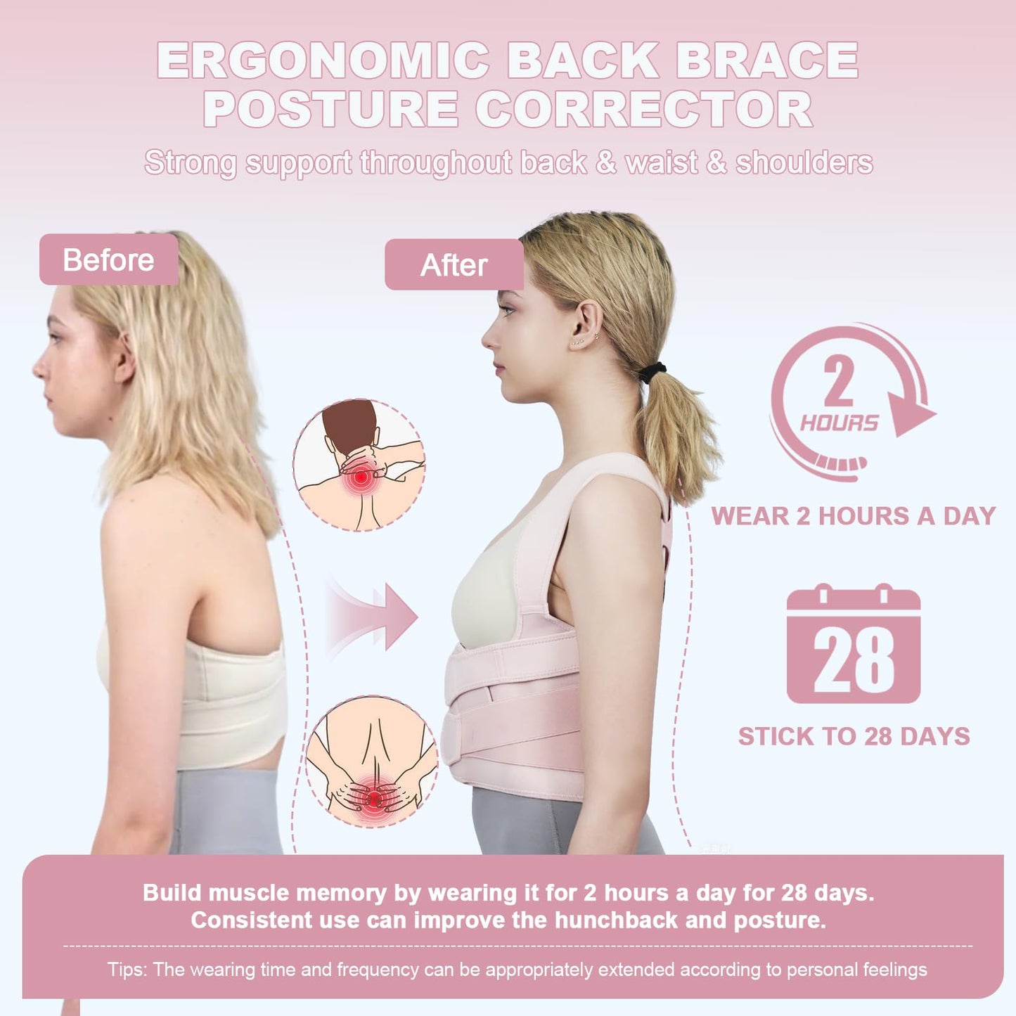 Posture Corrector for Women and Men Upgraded Back Brace, Adjustable Back Support for Upper and Lower Back Pain Relief, Shoulder Straightener for Hunchback, Scoliosis, Lumbar, Spine (Pink, Large)