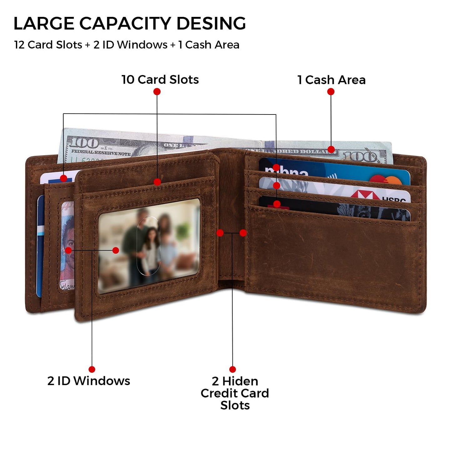 Zitahli wallets for men Genuine Leather Mens Wallet With 12 Card Slots, 2 ID Windows Bifold Rfid Blocking Gifts for Men