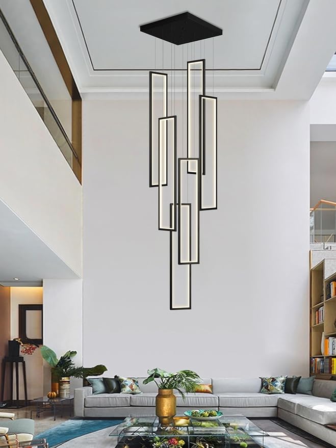 Flashing God Modern Chandelier,Black Chandelier with 6 Ring Led Foyer Chandeliers,Larger High Ceiling Chandelier for Living Room,Square Chandelier for Entryway Staircase LED Dimming 2700k-6000k