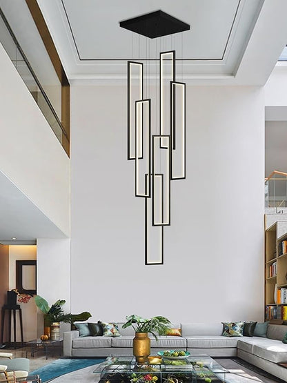 Flashing God Modern Chandelier,Black Chandelier with 6 Ring Led Foyer Chandeliers,Larger High Ceiling Chandelier for Living Room,Square Chandelier for Entryway Staircase LED Dimming 2700k-6000k