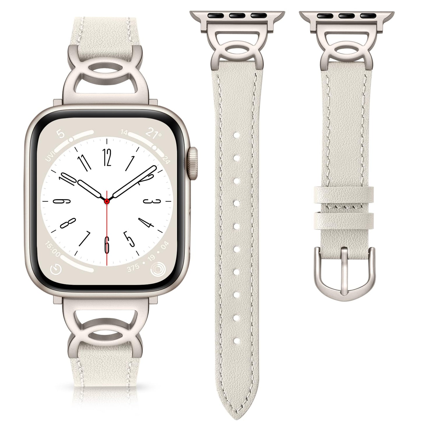 DaQin Slim Leather Band Compatible with Apple Watch Band for Women 40mm 38mm 41mm 42mm, Dressy Leather Strap with Designer DC-shaped Buckle for iWatch Bands Series 11 10 9 8 7 6 5 4 3 2 1 SE,Starlight