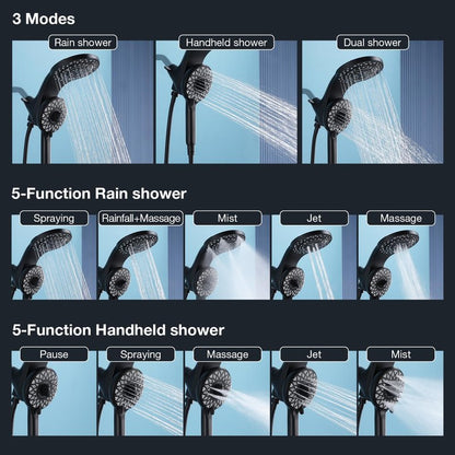High Pressure Rain Shower Head with Handheld Spray Combo Fixed Showerhead Dual Shower Head Set 10 Sprays Detachable Hand Held Showerheads Built-in Magnetic System Matte Black