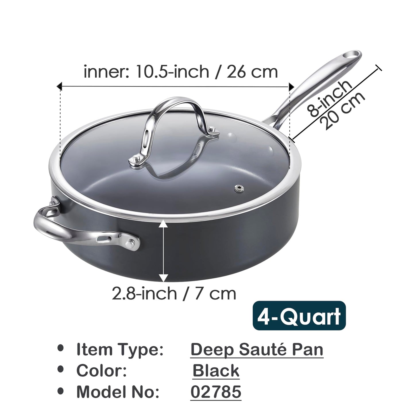 Cooks Standard 4-QT Nonstick Deep Sauté Pan with Lid, 10.5-inch Deep Frying Pan Hard Anodized Ceramic Nonstick Induction Cookware, Oven Safe Large Skillet Jumbo Cooker Sartén, Helper Handle, Black