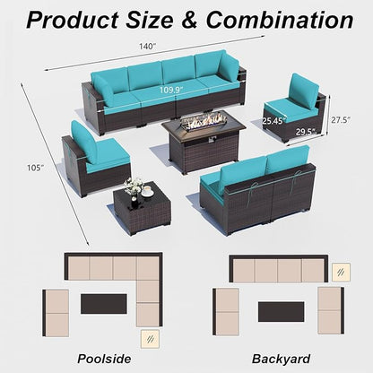 ALAULM 10 Pieces Outdoor Patio Furniture Set with Propane Fire Pit Table Outdoor Sectional Sofa Sets Patio Furniture 43" Gas Fire Pit Brown PE Rattan Patio Conversation Set w/8 Seat Cushions (Blue)