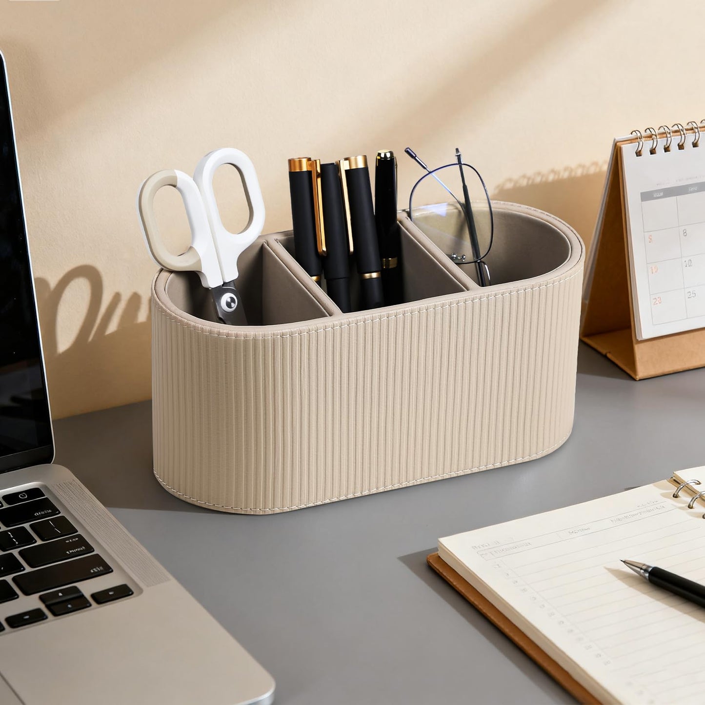 Cretkhp Aesthetic Remote Control Holder, PU Leather Pen Holder for Desk with 3 Compartments for Home Office Supplies and Accessories, Stylish Bedside Remote Holder Nightstand Desktop Organizer (Beige)