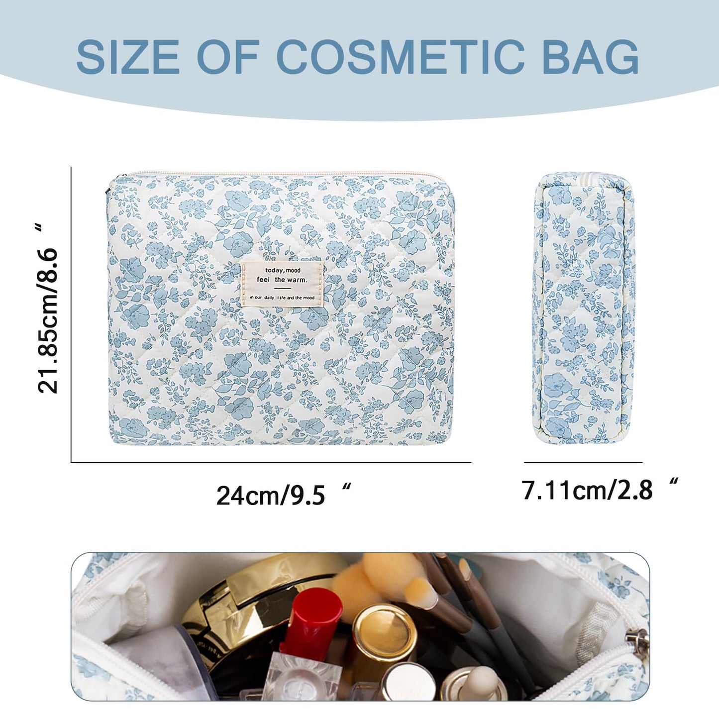 Gosect Large Makeup Bag, Cute Cosmetic Bag for Women Girls, Floral Coquette Aesthetic Toiletry Bag, Travel Make Up Organizer Bag(Blue Floral)