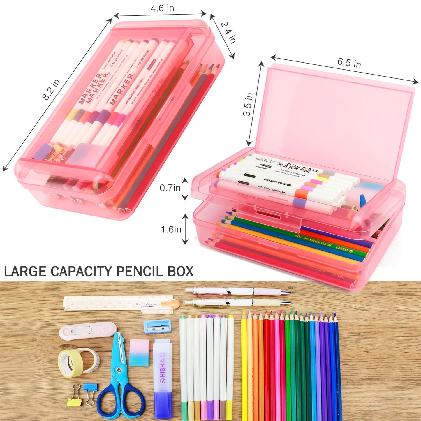 Nuozme Double Layer Large Capacity Pencil Box,Plastic Translucent Pencil Box, Hard Pencil Cases with Snap-Tight Lid for Pens, Pencils, School Supplies,Office Supplies,Medium-sized,1 Pack