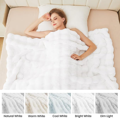 White Faux Rabbit Fuzzy Fur Queen Throw Fluffy Blanket 90x90 Soft Furry Blanket Queen Size for Bed Couch Cozy Bedroom Decor 1000 GSM