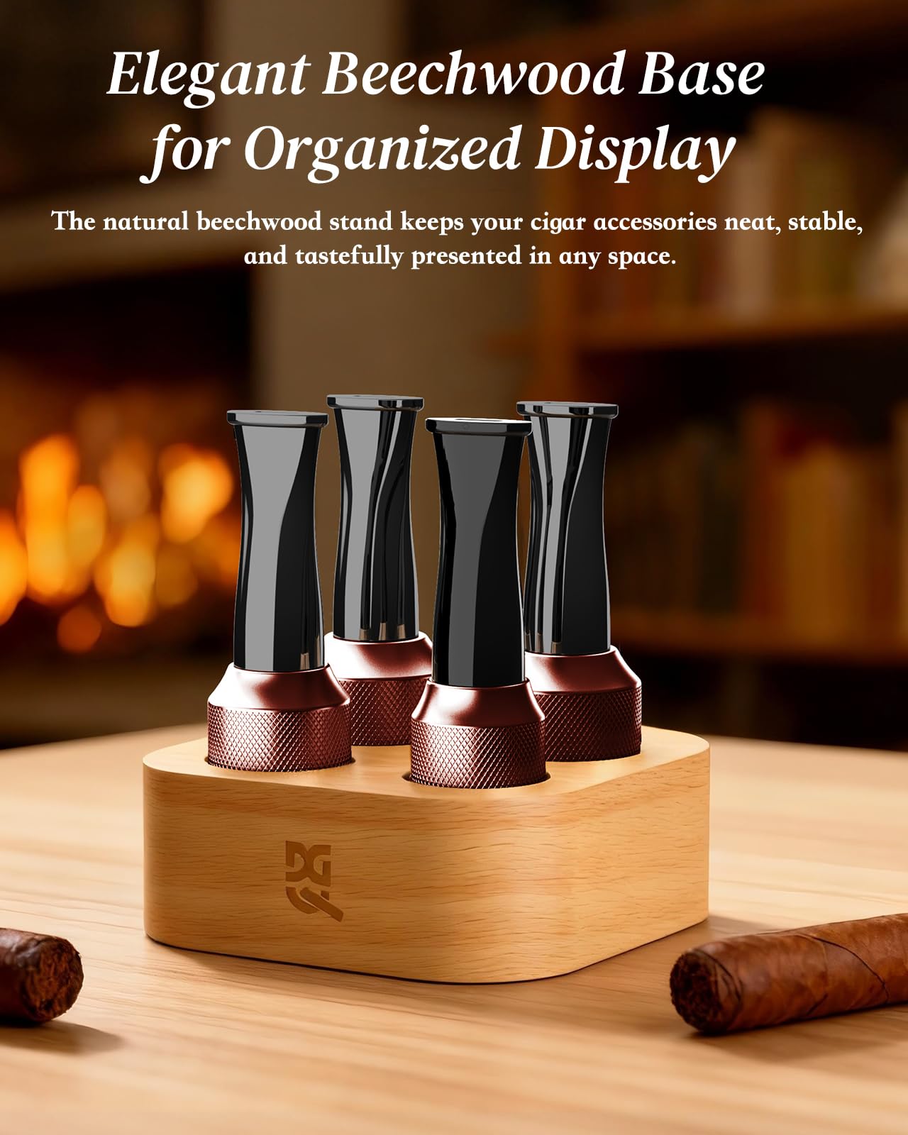 DGHOPE Cigar Holder & Mouthpiece Tips Set (36–58 Ring Gauge) – Reusable Metal & Resin Cigar Mouthpiece with Beech Wood Storage Base, Smooth Draw, Cigar Accessories Gift for Men and Women Brown