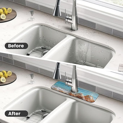 Faucet Draining Mat For Kitchen Sink, Beach Seashells Starfish Diatom Mud