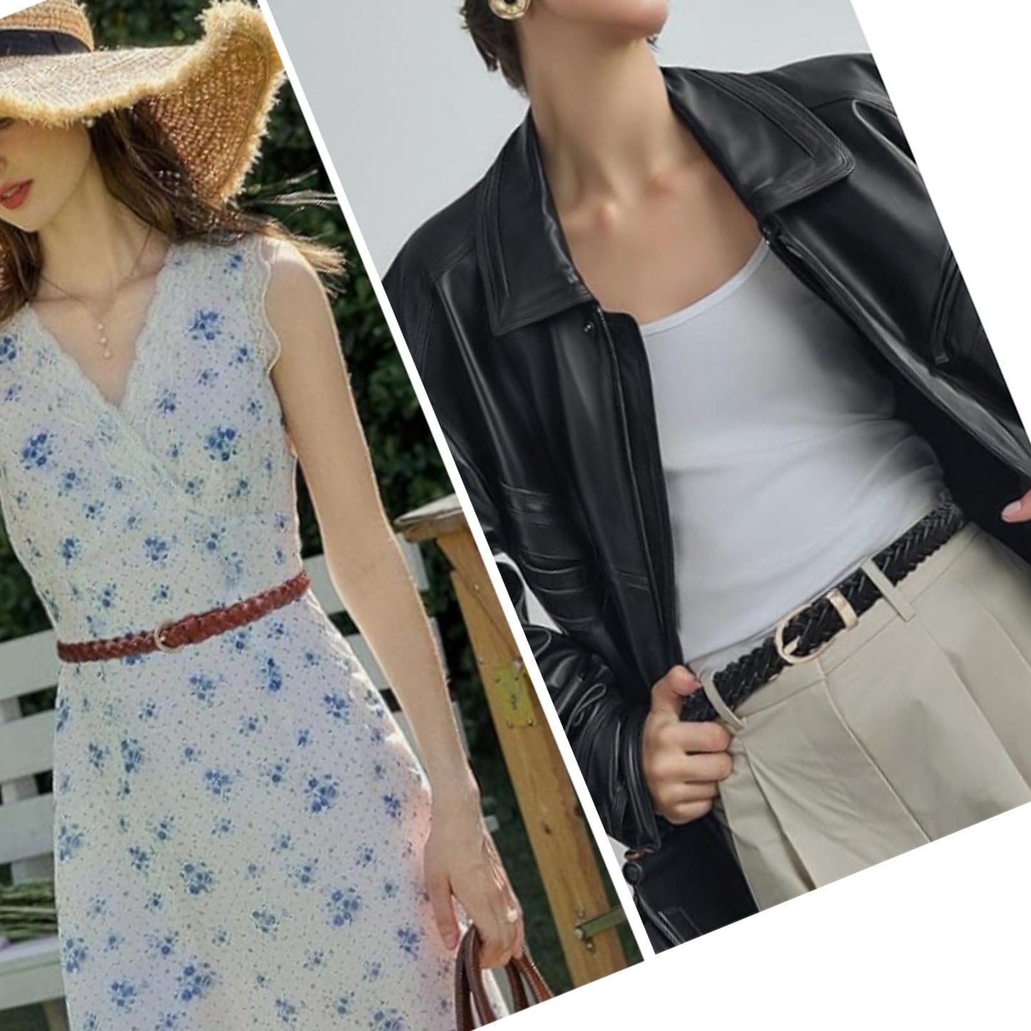 iRIIRIO 2pcs Skinny Braided Belts for Women Girls Thin Classic PU Leather Woven Waist Belt Strap for Jeans Pants Dress (Black+Khaki)