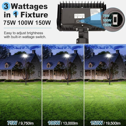 150W LED Flood Light with Dusk-to-Dawn Photocell, 130lm/W 5000K Daylight 100-277V IP65 Waterproof, 150W-100W-75W Adjustable, LED Parking Lot Light with Slip Fitter Mount, ETL