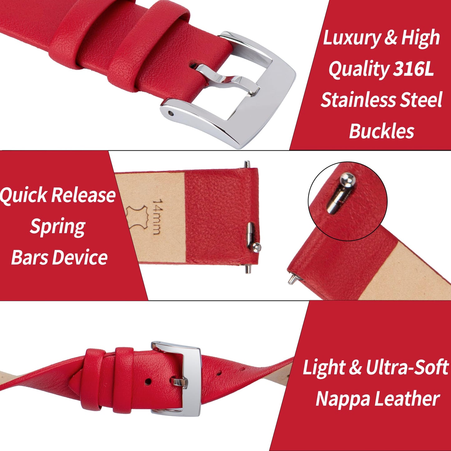 OTTOODY Leather Watch Bands Quick Release Watch Straps, Elegant & Ultra-Soft Top Grain Leather Watch Band for Women Men, Choice of Color & Width - 12mm 14mm 16mm 18mm 20mm 22mm for Watch & Smartwatch