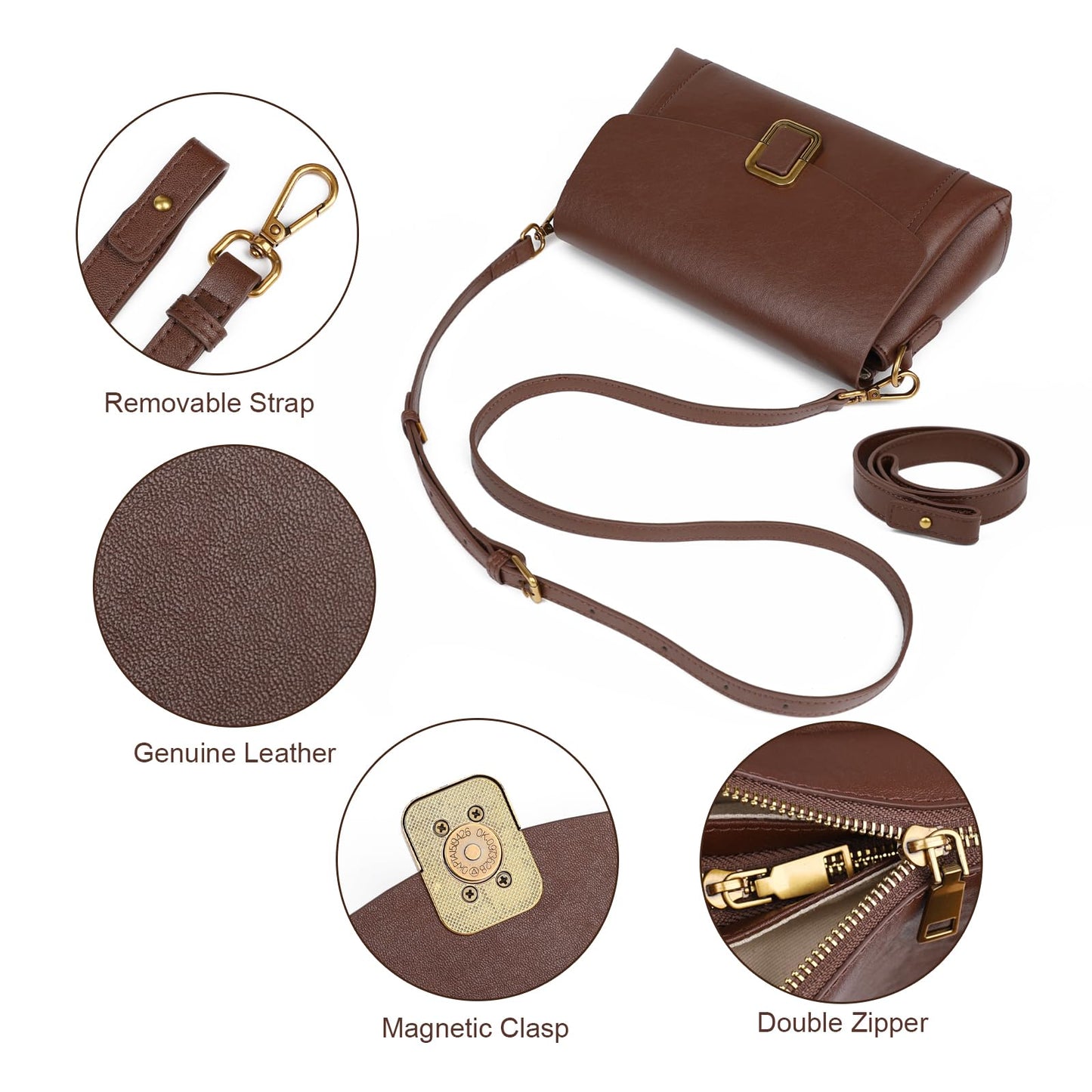 MoreFarther Genuine Leather Crossbody Bag for Women, Removable Satchel Adjustable Shoulder Bag (Chocolate)