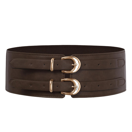 Scarlet Darkness Women's Wide Elastic Belt for Dress Stretchy Corset Belt Double Gold Buckle Waist Belt Dark Brown L