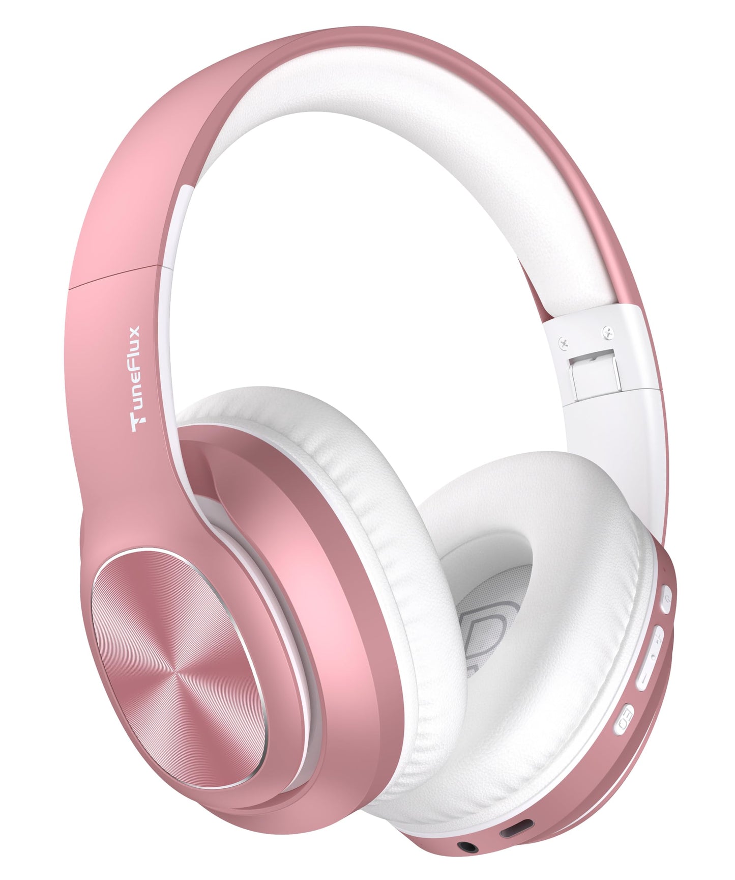 TuneFlux Wireless Bluetooth Headphones Over Ear, 80H Playtime, 3EQ Sound Modes, HiFi Stereo Headphones with Deep Bass, Foldable Bluetooth 5.3 Headsets for Smartphone/PC/Computer-Rose Gold