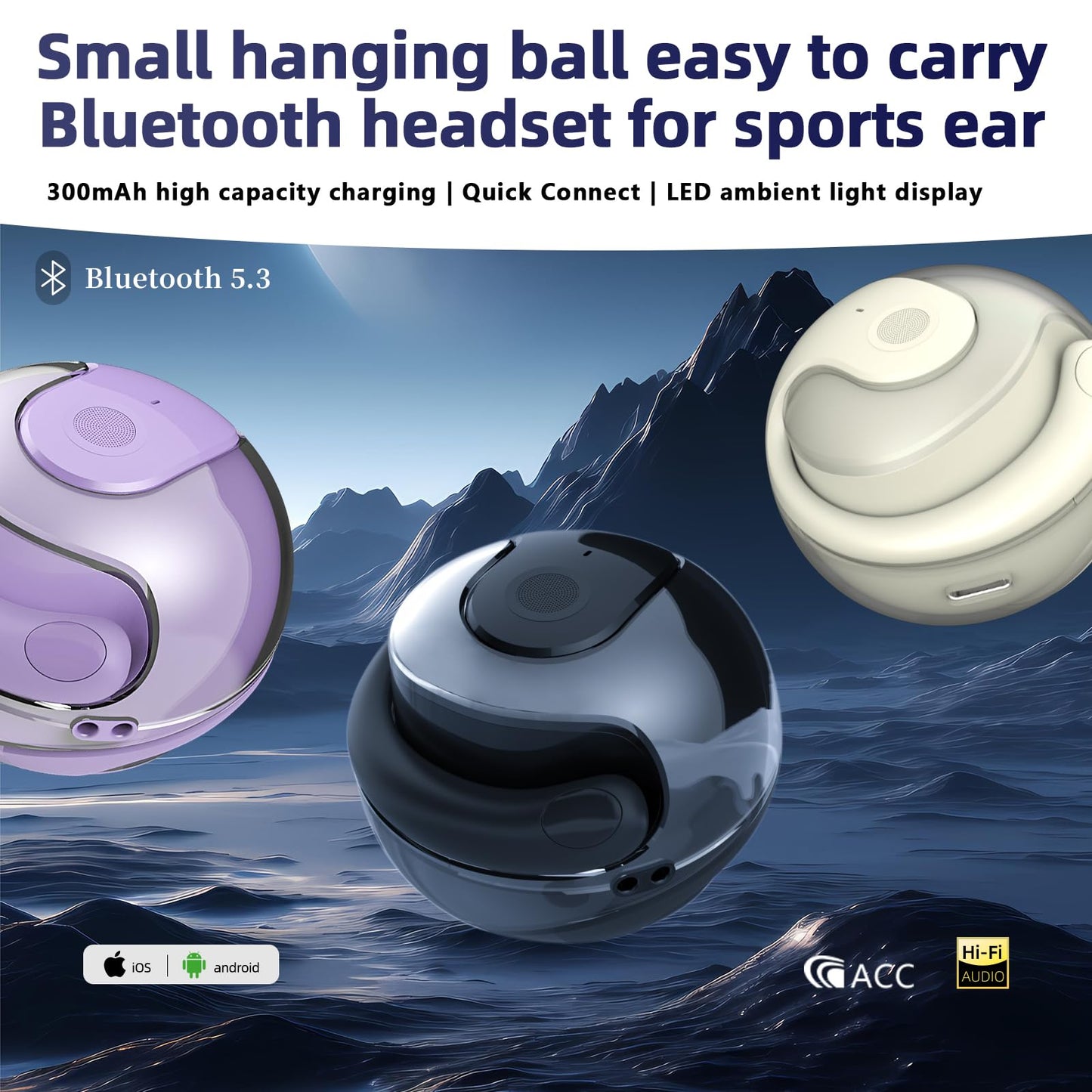 URIZONS Ball Shape Earhook TWS Gaming On Ear Earbuds Wireless Earphones - Low-Latency with Charging case Bluetooth Over Ear Headphones TWS Headset Suitable for Gamers/Runners/Fitters/Sport -Purple