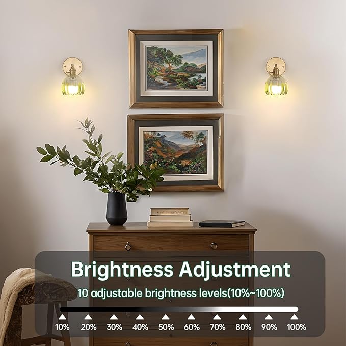 Vintage 5000 mAh Battery Operated Wall Sconce with Green Clear Tulip Gradient Glass Lampshade Rechargeable Battery Powered Wall Light with Remote Control for Bedroom, Set of 2