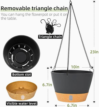 QCQHDU 2 Pack Hanging Planters for Indoor Outdoor Plants, 10 Inch Hanging Baskets Flower Pots with Reservoir Tray & Visible Water-Level