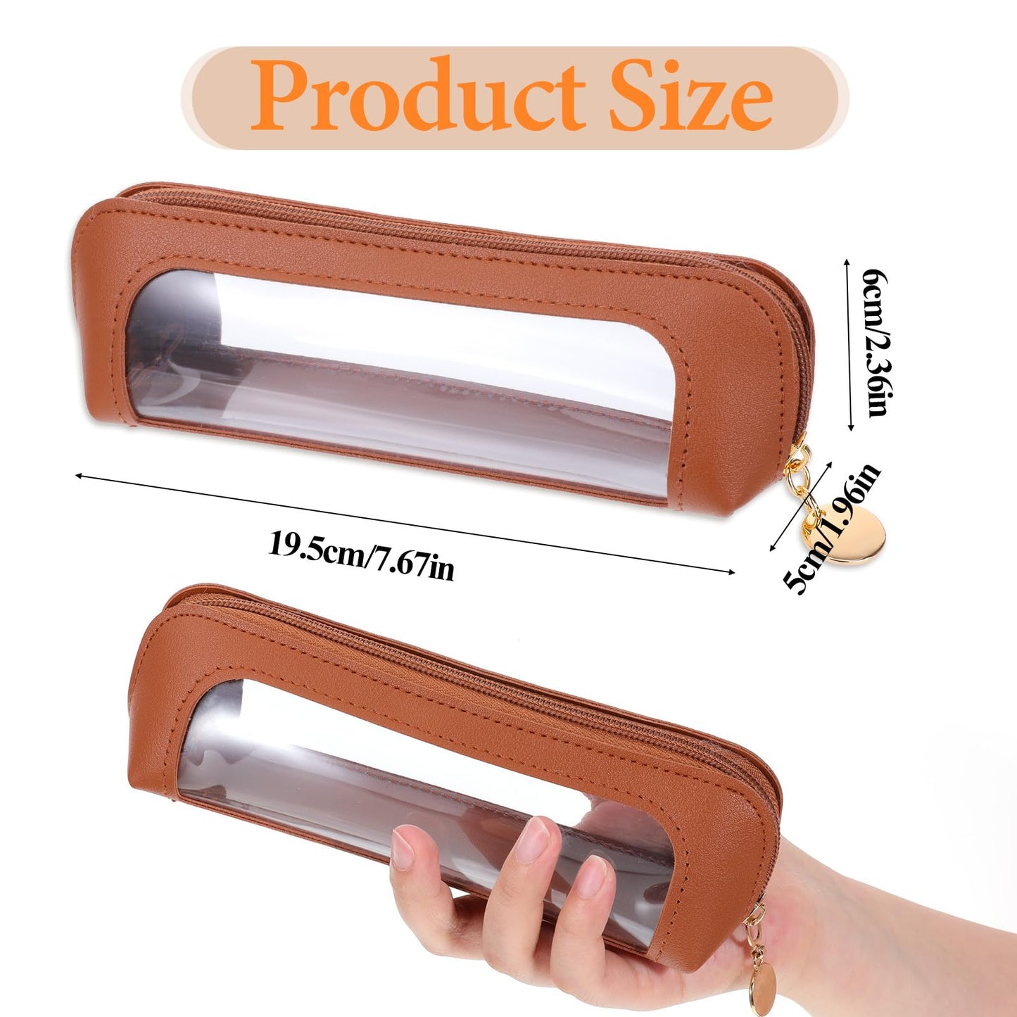 Small Clear Makeup Pouch, PU Leather Makeup Brush Bag Portable Travel Mini Cosmetic Bag Transparent Waterproof Organizer Pouch with Zipper for Women Home Travel Office Cosmetic Storage (Brown)
