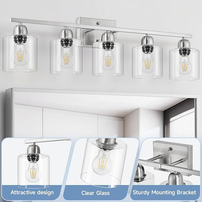 Modern Brushed Nickel 5 Light Bathroom Vanity Light, 31 inch Bathroom Light Fixtures with Clear Glass for Mirror Kitchen Living Room Hallway Cabinet Porch