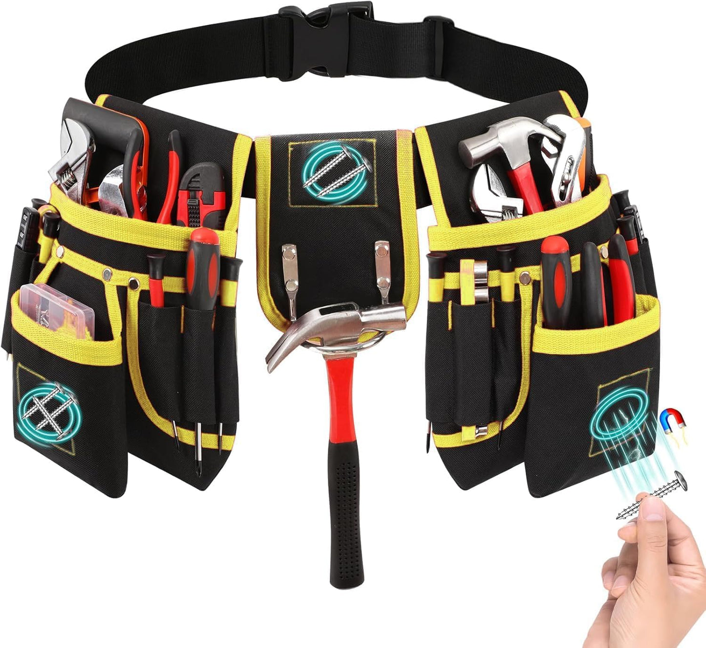 Tool Belt with 27 Pockets and 3 Magnetic Zones, Freely-Combinable, Heavy-Duty yet Lightweight Tool Pouch & Tool Belts for Men: Electricians, Carpenters,DIYers–A Great Gift Fathers and Husbands(Yellow)
