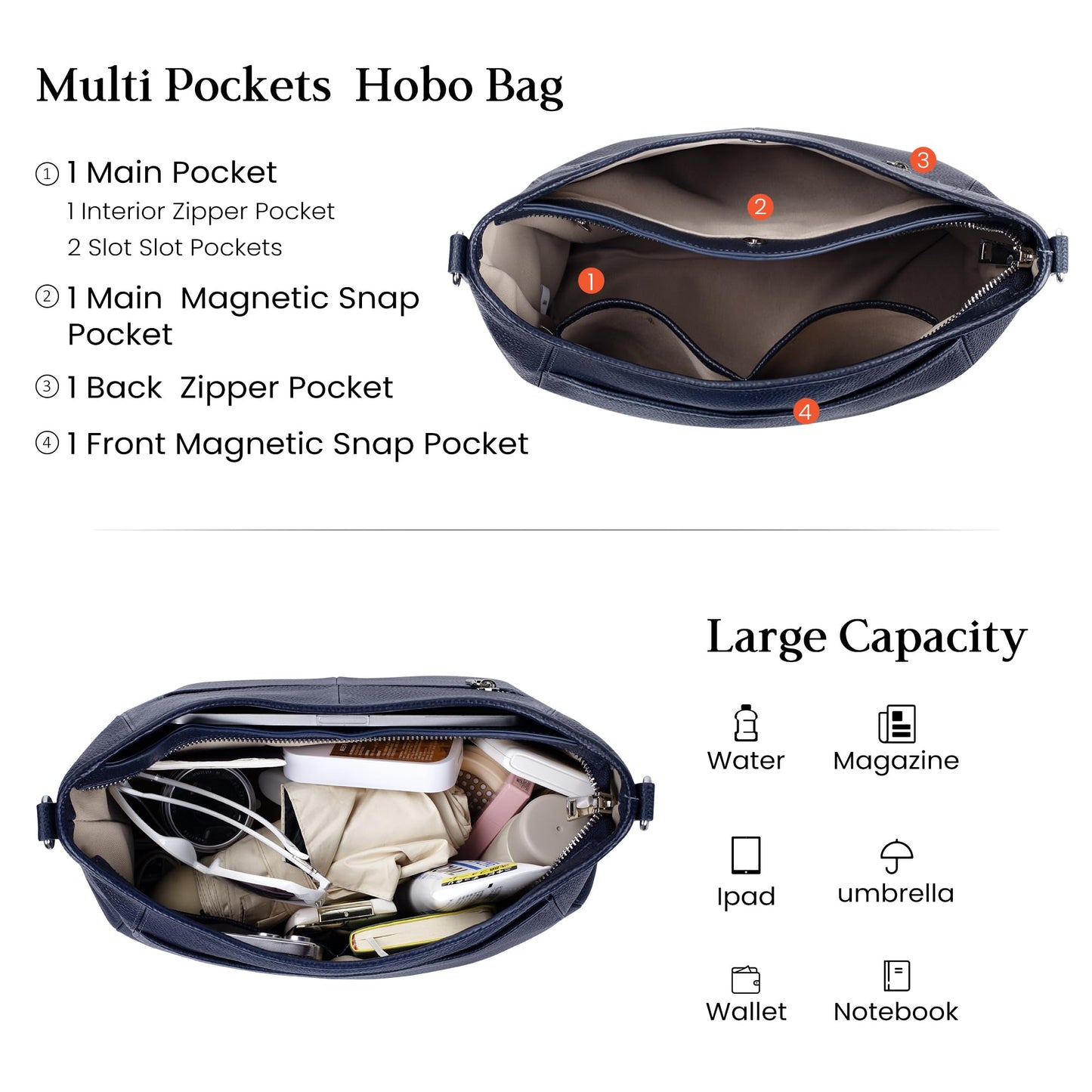 befen Genuine Leather Crossbody Bag for Women, Navy Blue Purses Soft Real Leather Hobo Bag with 2 Detachable Straps Designer Large Crossbody Purse Womens Shoulder Handbag for Daily and Work