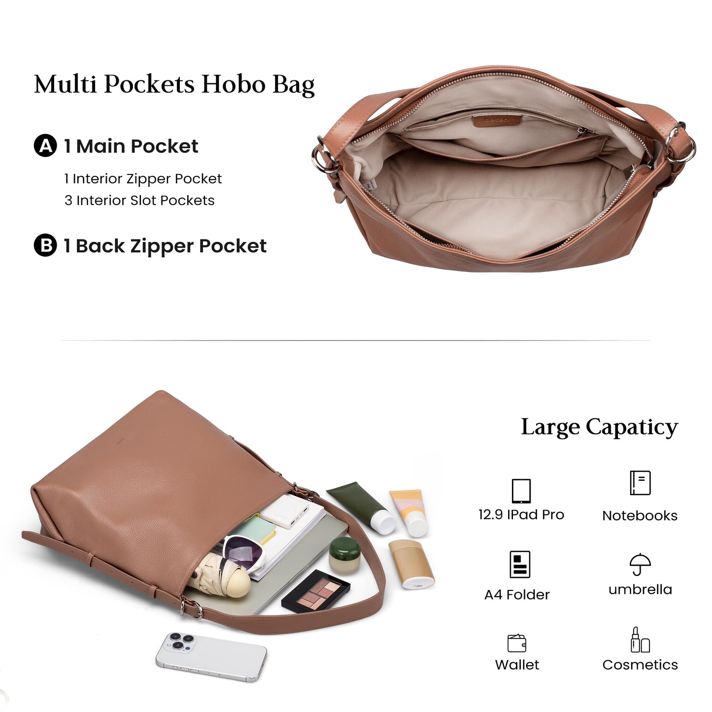 befen Genuine Leather Hobo Bags Purse for Women Medium Crossbody Bag Leather Purses Shoulder Purse Handbags with Adjustable Shoulder Strap Mocha