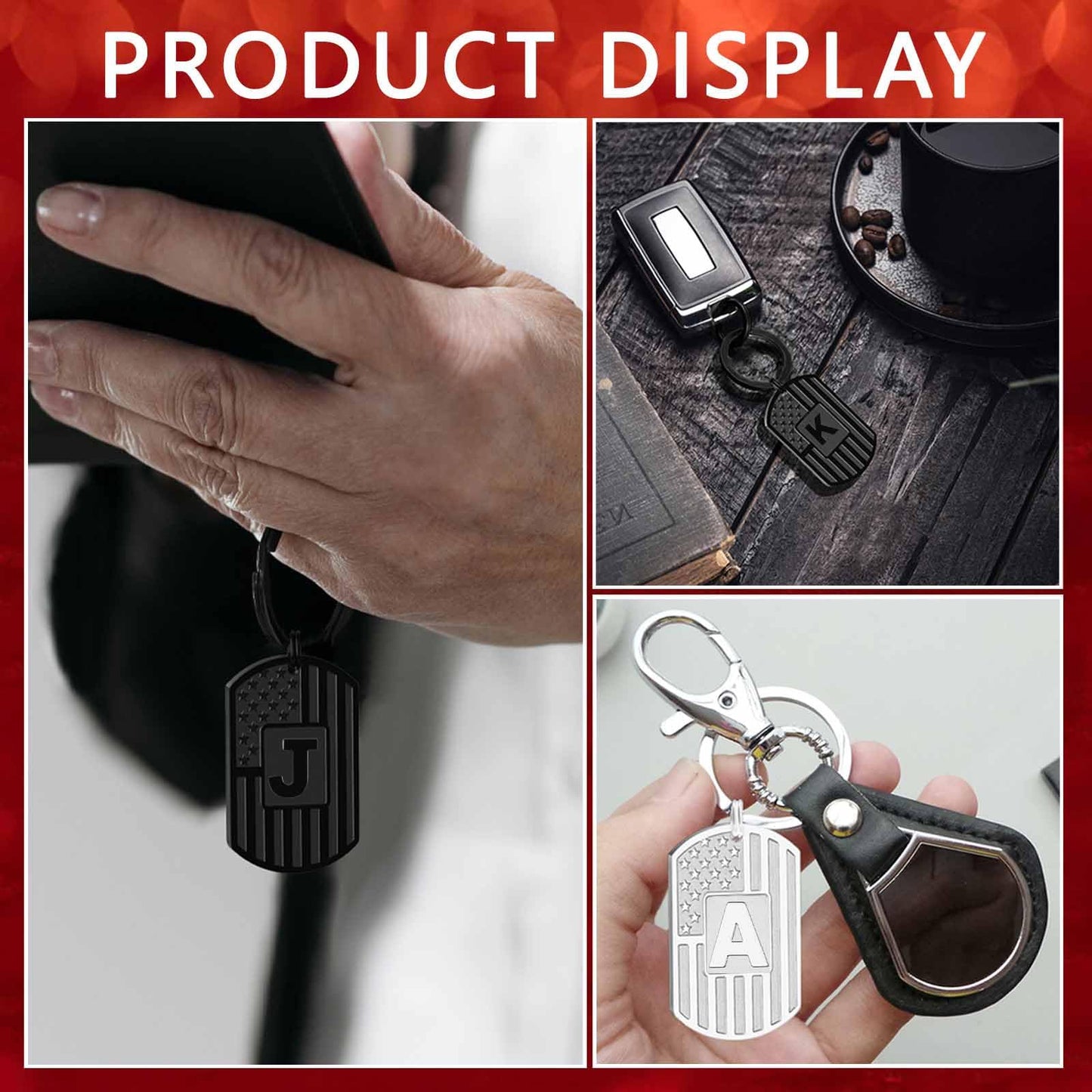 Miss Chipmunk Initial Keychain Gifts for Men,A-Z Letter American Flag Dog Tag Stainless Steel Keychain,Mens Accessories Gift (Black, Letter B)