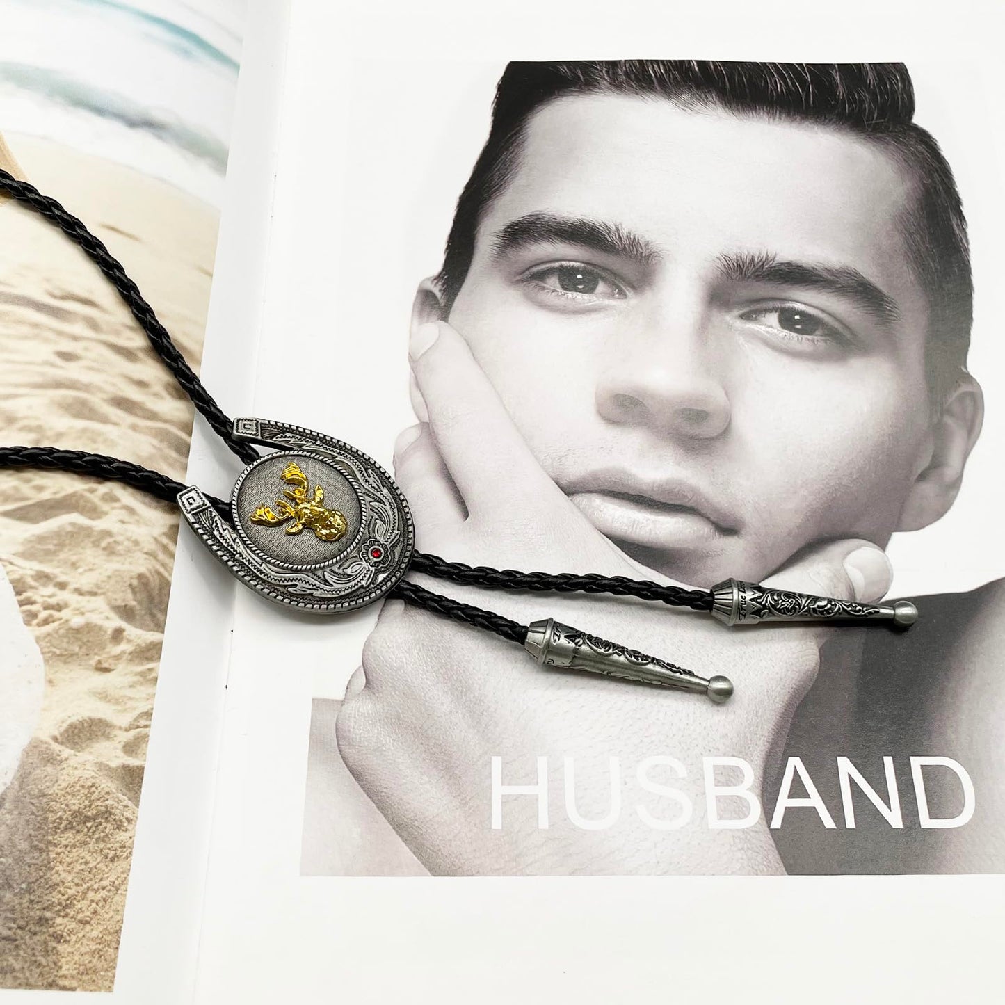 JPJZY BRBAM Horseshoe Shaped Pendant Bolo Tie Vintage Style Western Cowboy Leather Necktie for Men (Deer head)