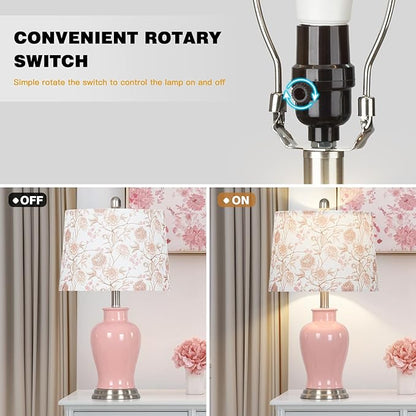 Pink Ceramic Table Lamp with Flower Lampshade, 23" Cute Bedroom Lamp with Ginger Jar Design, Modern Living Room Lamps Set 2, Elegant Bedside Lamps for Nightstand End Table Home Decor