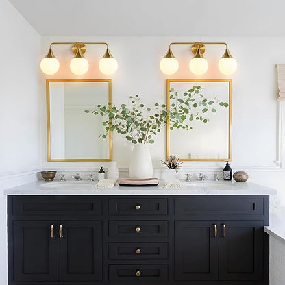 Bathroom Vanity Light Fixtures: 3-Light Mid Century Modern Bathroom Lighting Fixtures Over Mirror - Brass Gold Wall Sconce with Milky White Globe Glass for Bath Living Room